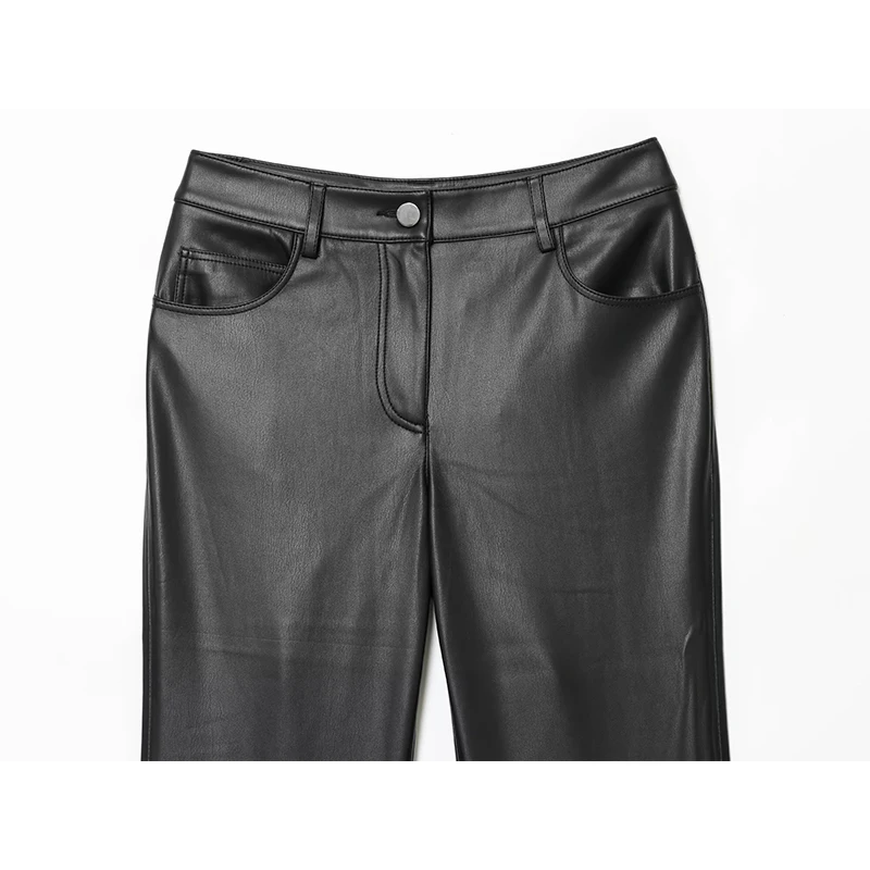YENKYE بنطال جلدي صناعي غير رسمي على الطراز الأوروبي والأمريكي للنساء بخصر عالٍ مع جيوب بنطلون مضيئة للخريف والشتاء