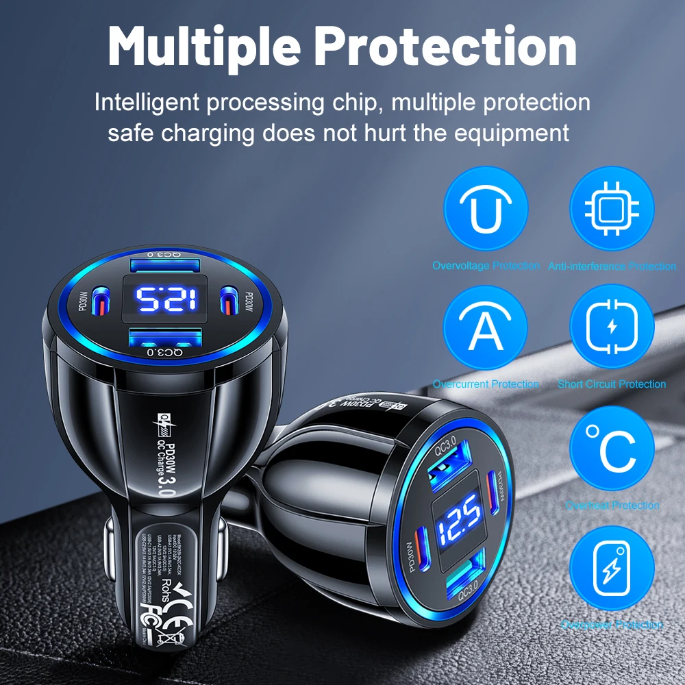 Car Charger with Digital Voltage Display 2PD+2QC 3.0 4 Ports Fast Charging PD QC3.0 USB C Car Phone Charger Adapter For Samsung