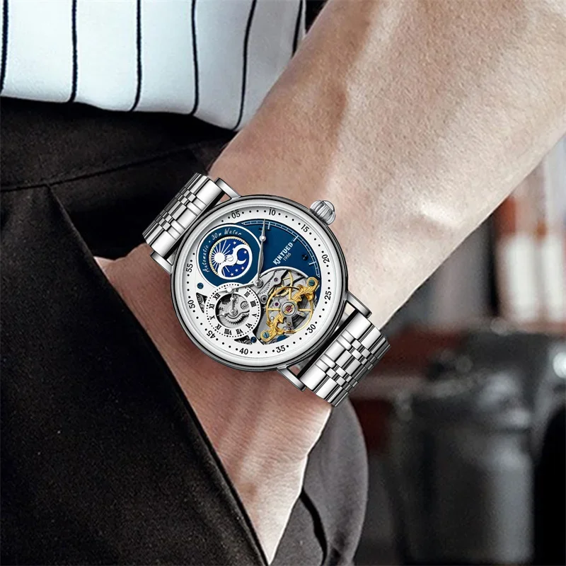 Kinyued Men Watch Hollow Tourbillon Automatic Mechanical Watches Rhinestone Luminous Waterproof  Stainless Steel Watches for Man