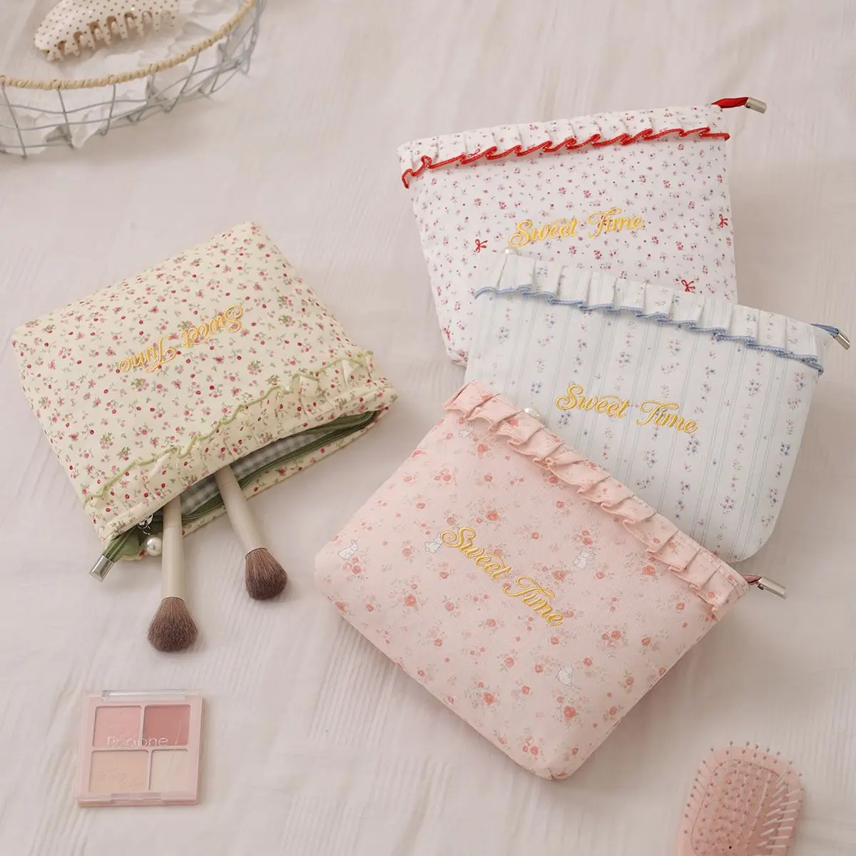 C Sweet Floral Ruffle Cosmetic Bag Sweet Time Embroidery Makeup Pouch Soft Fabric Portable Travel Toiletry Storage Bag For Girls