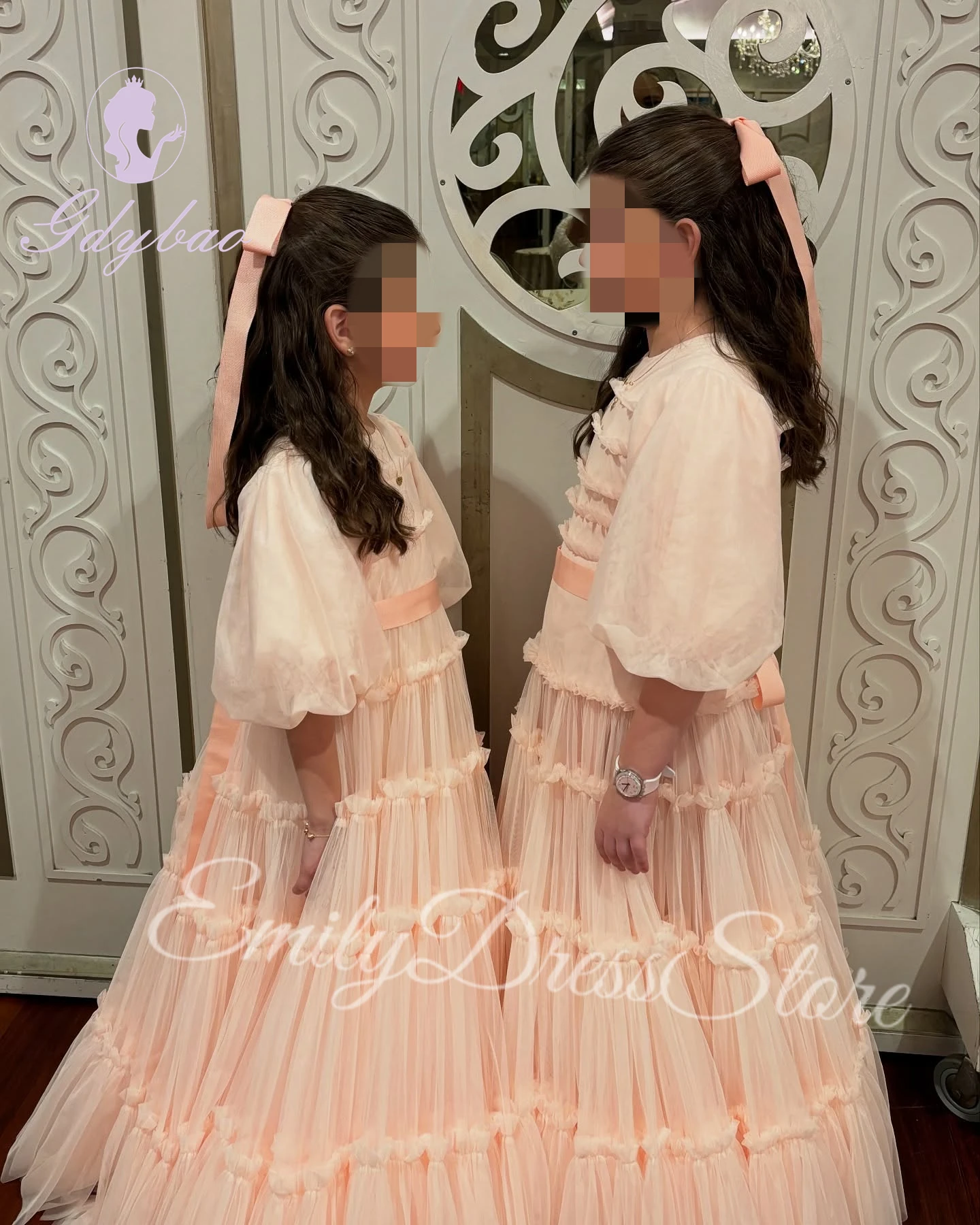 Customized Pink Flower Girl Dress For Wedding Pleated Puffy 3/4 Sleeves Tulle Kids Bridesmaid Birthday First Communion Gown