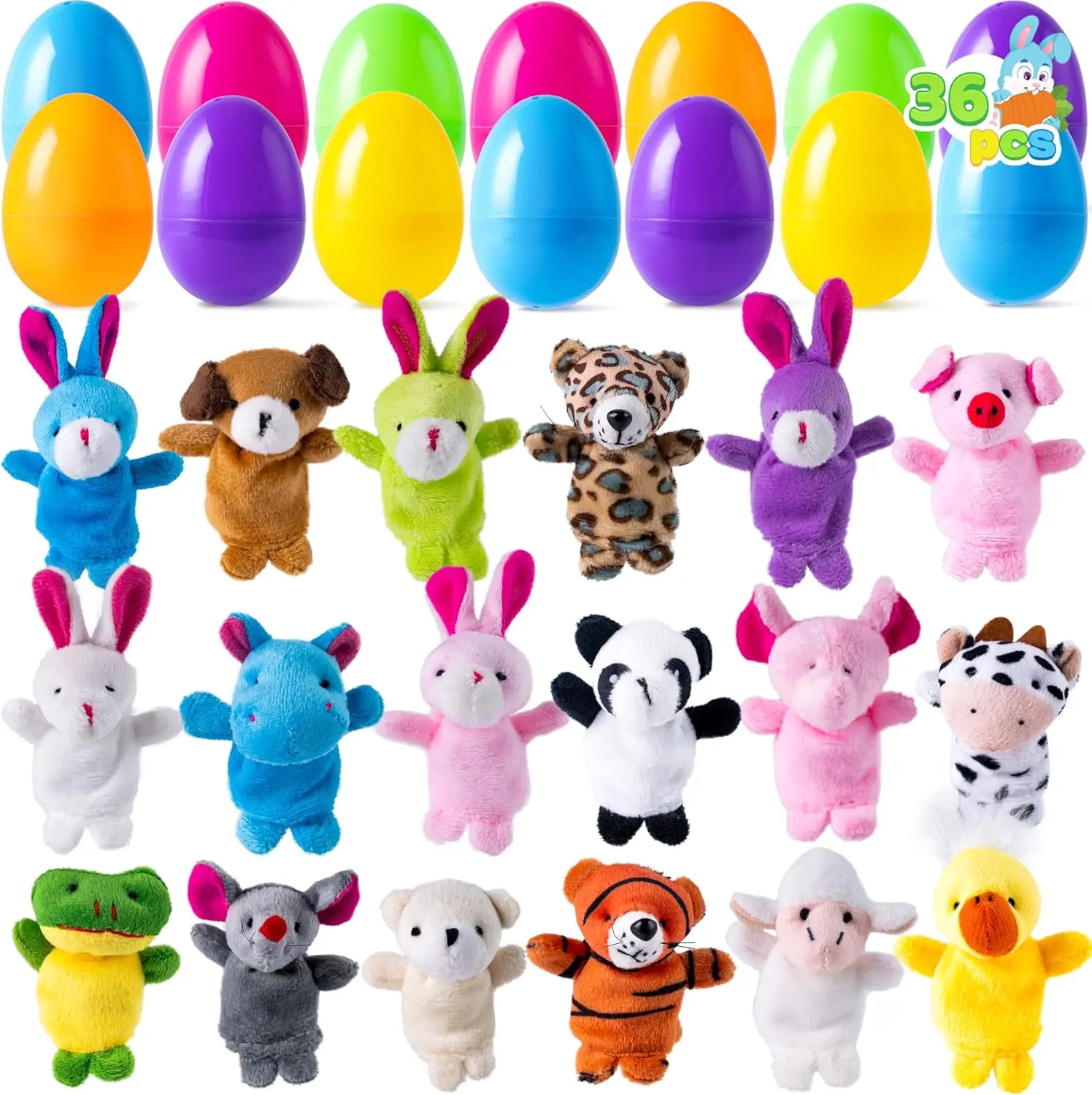 

36 Pre-Filled Easter Eggs with Animal Finger Puppets for Egg Hunts, Party Favors, and Classroom Prizes