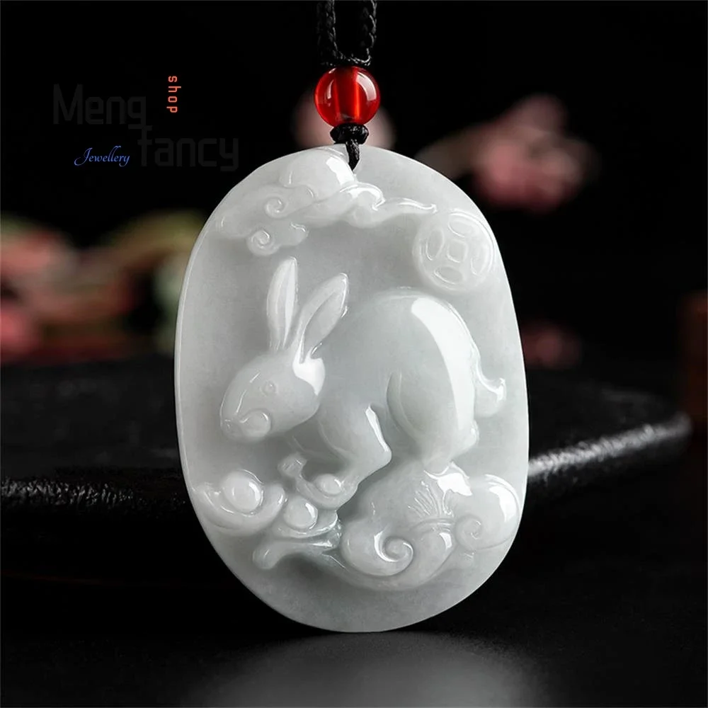 Natural Myanmar A-goods Jadeite Zodiac Rabbit Promising Future Jade Pendant Simple Fashion Mascots Handicraft Charm Fine Jewelry