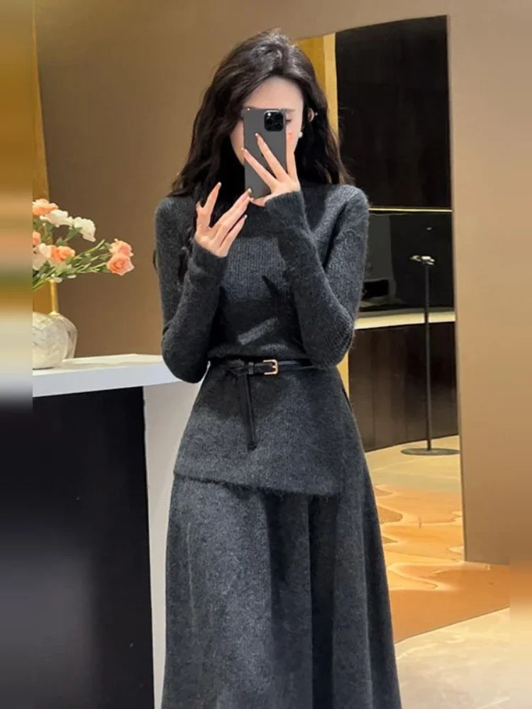 Female Knit Dress Retro Maxi Evening Turtleneck Robe Women\'s Crochet Dresses Grey Long Basic Youthful Elegant Pretty Luxury New