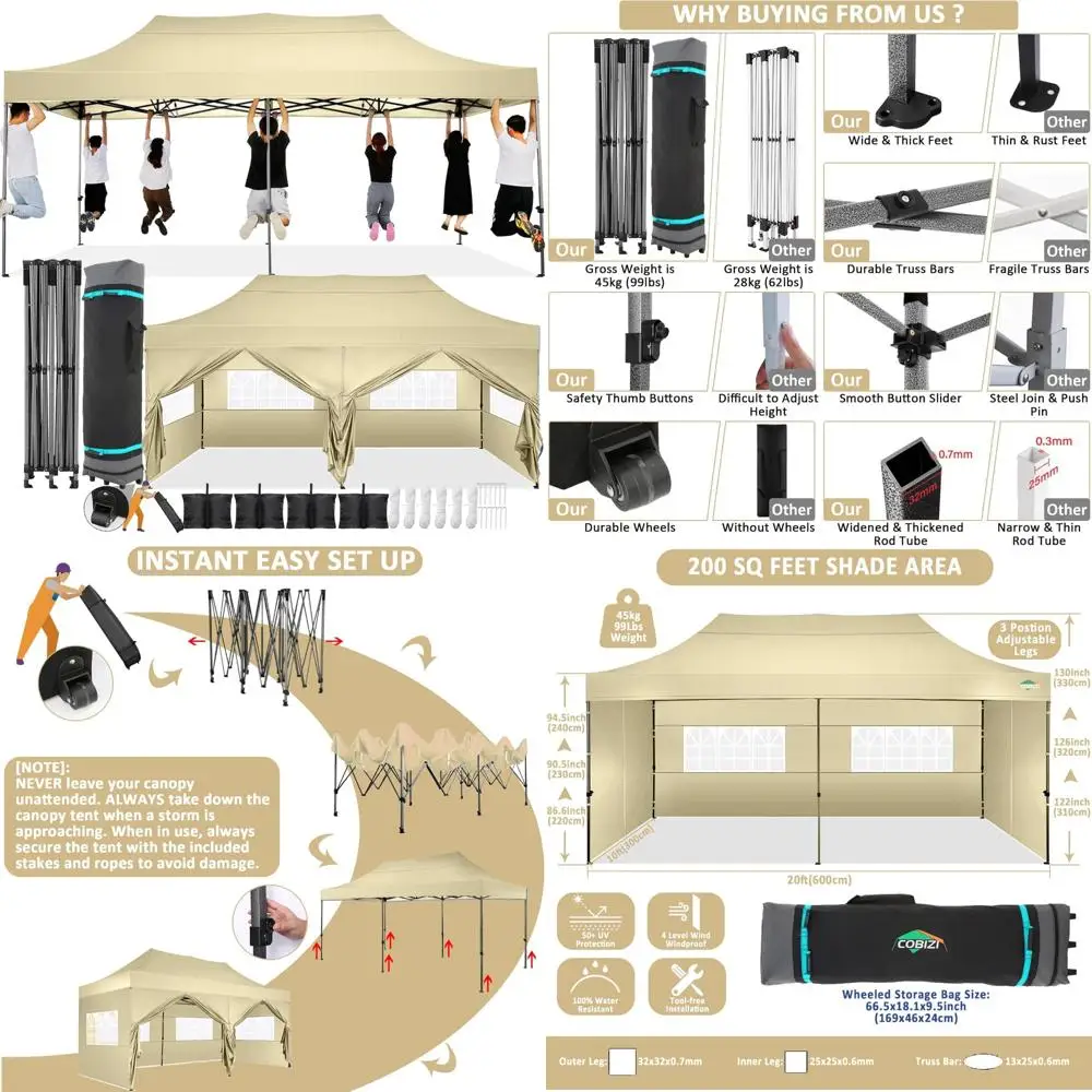 

Heavy-Duty 10x20 Pop-Up Canopy with 6 Sidewalls, UPF 50+, Waterproof, Ideal for All-Season Outdoor Weddings and Parties