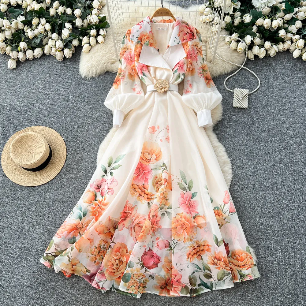 

French Style Romantic Floral Maxi Dress Female Spring Summer Long Sleeve Ruched Waist Maxi Dress Holiday Sundress Party Wear