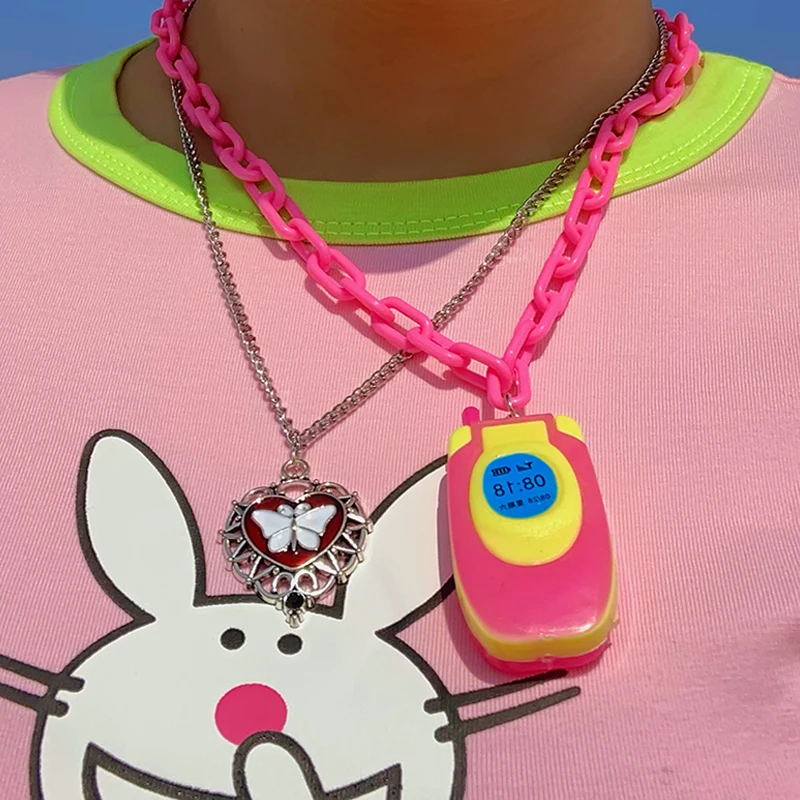 Kawaii Girl Pink Mini Phone Necklace Korean Fashion Cartoon Harajuku Pendant Necklace for Women Y2K Jewelry 2000s Accessories