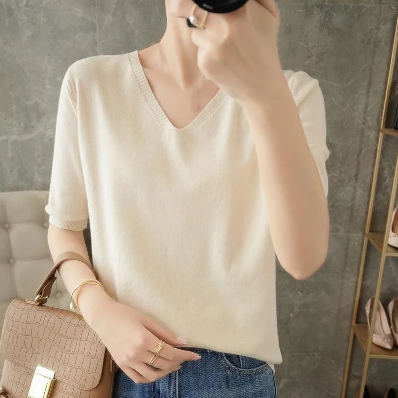 New Spring/Summer Split Sleeve Half High Neck Bottom Shirt for Women V-neck Pullover Head Half Sleeve Sweater for Women Short Sl