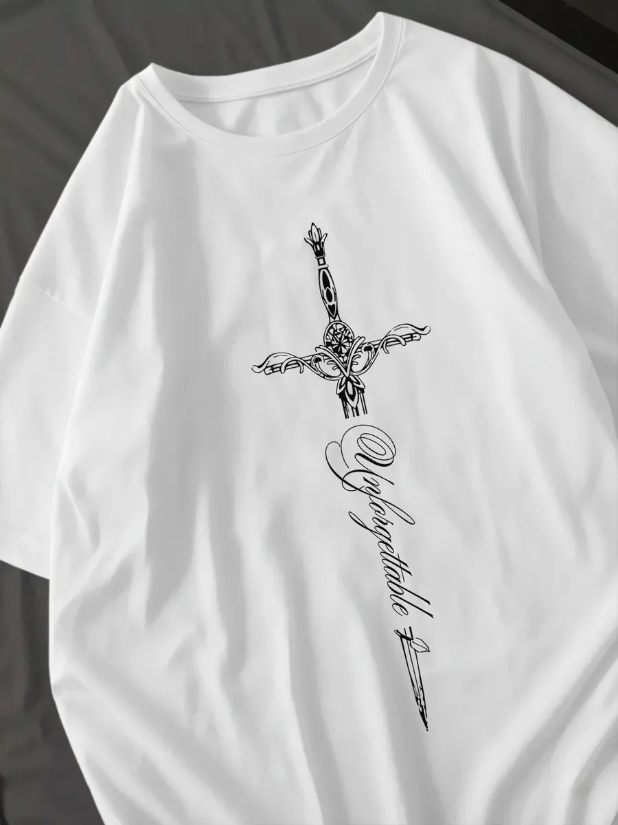 Women White T‑Shirt Gothic Ornate Sword Cross with Cursive Letter Print Short Sleeve O‑Neck Loose Punk Streetwear Ladies