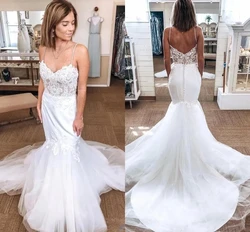 Vestido de novia clásico de sirena con cuello en V, traje Sexy con tirantes finos, Espalda descubierta, apliques de ilusión, fotografía al aire libre