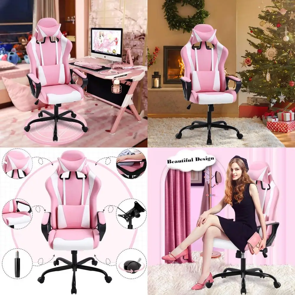 

Pink High-Back Ergonomic PU Leather Gaming Chair with Lumbar Support for Adults and Teens - Perfect Christmas Gift