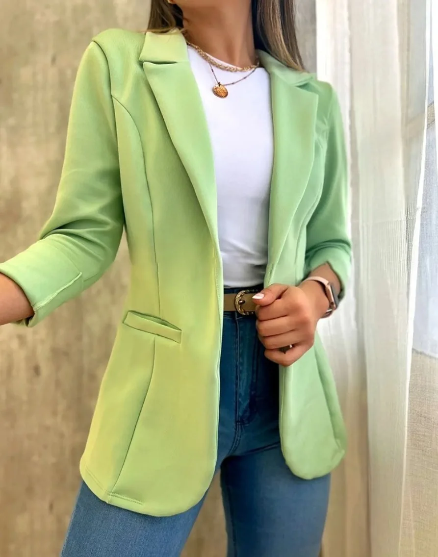 Office Elegant Pure Color Long Sleeve Coat Women Spring Autumn Casual Pocket Suit Jacket 2023 Pink Open Stitch Coats