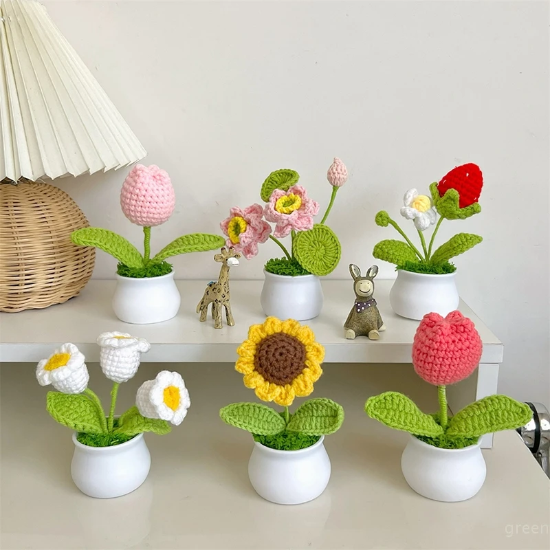 Hand Woven Flower Crocheting Tulips Sunflower Lotus Handmade Wool Knitted Potted Finished Product Desktop Decoration Ornament