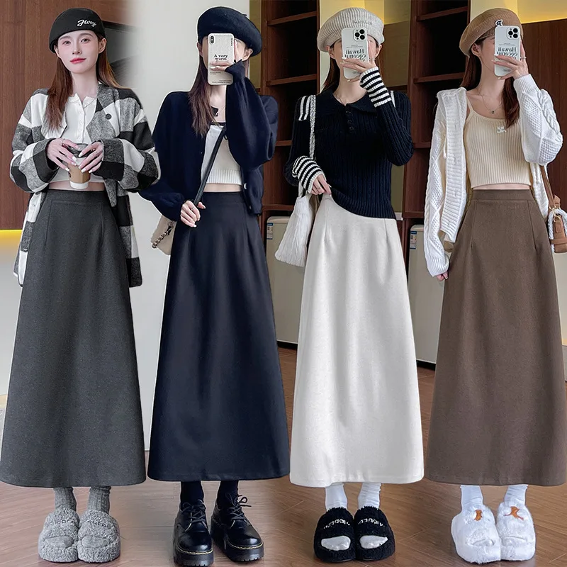 

Women's Split Midi Skirts Elastic High Waist Woolen Long Skirts for Women Clothing Female Autumn Winter Fashion A line Hip Skirt