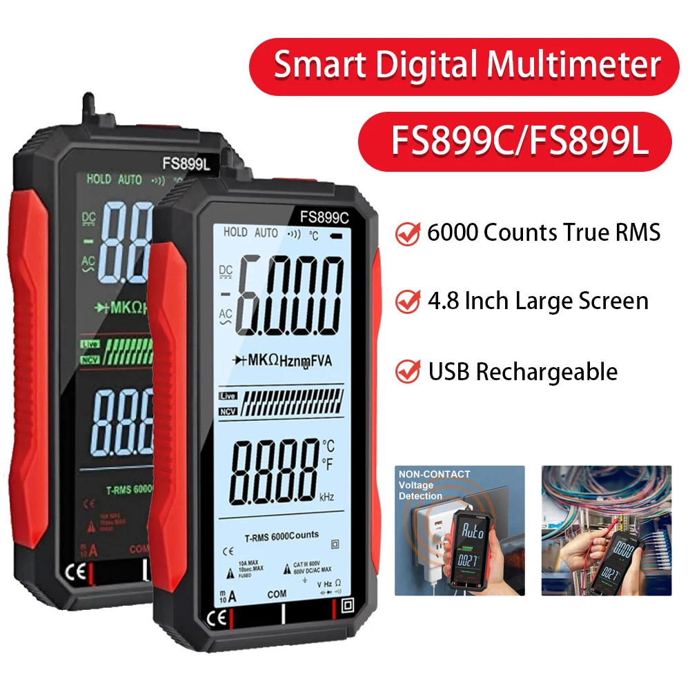 Multimètre numérique intelligent à grand écran de 4,8 pouces FS899C FS899L, 6000 comptes, outil de mesure de la tension et du courant, batterie rechargeable