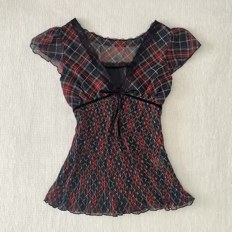 Camisetas Y2K de verano para mujer, camisetas plisadas con cuello en V y rejilla Vintage, camisetas informales ajustadas con cintura de malla fina y fruncida, ropa de calle de moda