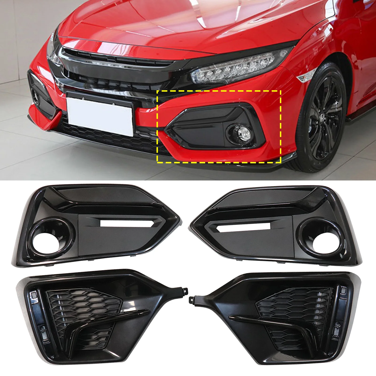 

Front+Rear Bumper Fog Light Covers Trim For 2016-2021 Honda Civic Foglights Headlights Covers Frame Hole Protect Car Accessories