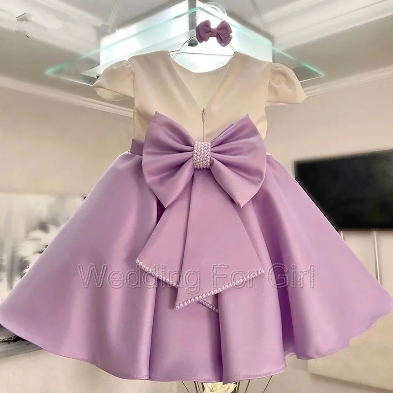 Vestido de baile corto de satén con manga de casquillo para niña, vestido de flores para boda, Perla para niño, vestido de primera comunión