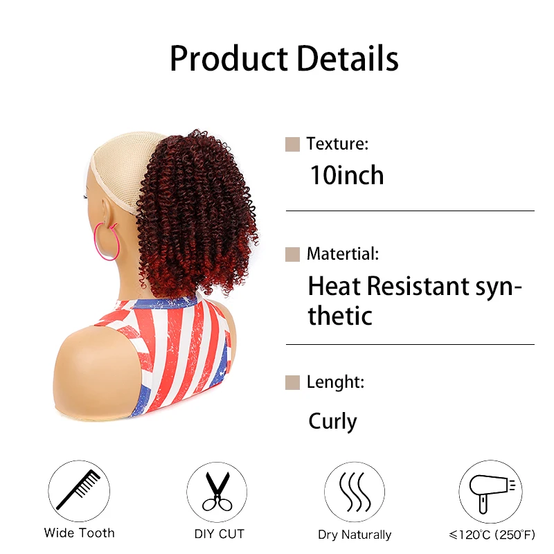 Curto Afro Kinky Curly Ponytail Extensão do cabelo para as mulheres, rabo de cavalo com cordão loiro, sopro natural sintético, cauda do cavalo falso