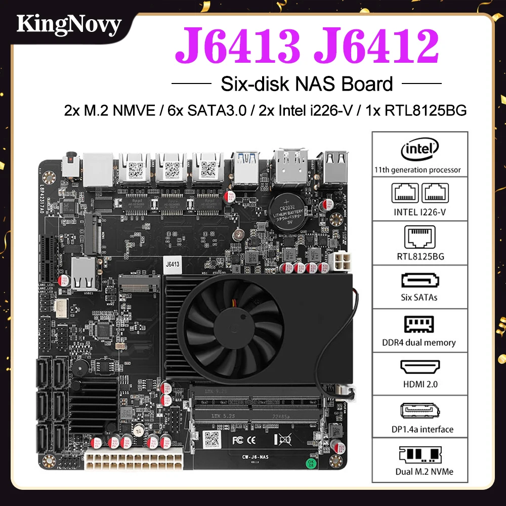 NAS 마더보드 셀러론 미니 ITX 소프트 라우터, J6413 J6412 2 * 인텔 i226-V 1 * RTL8125BG 2.5G LAN 2 * NVMe 6 * SATA3.0 2 * DDR4 1 * PCIe