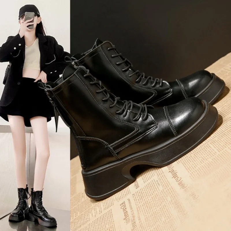 

Martin Boots 2022 New Autumn Winter Women Platform Lace-up Black Ankle Boots for Women Wedges Shoes Sneaker Zipper Leather Boots