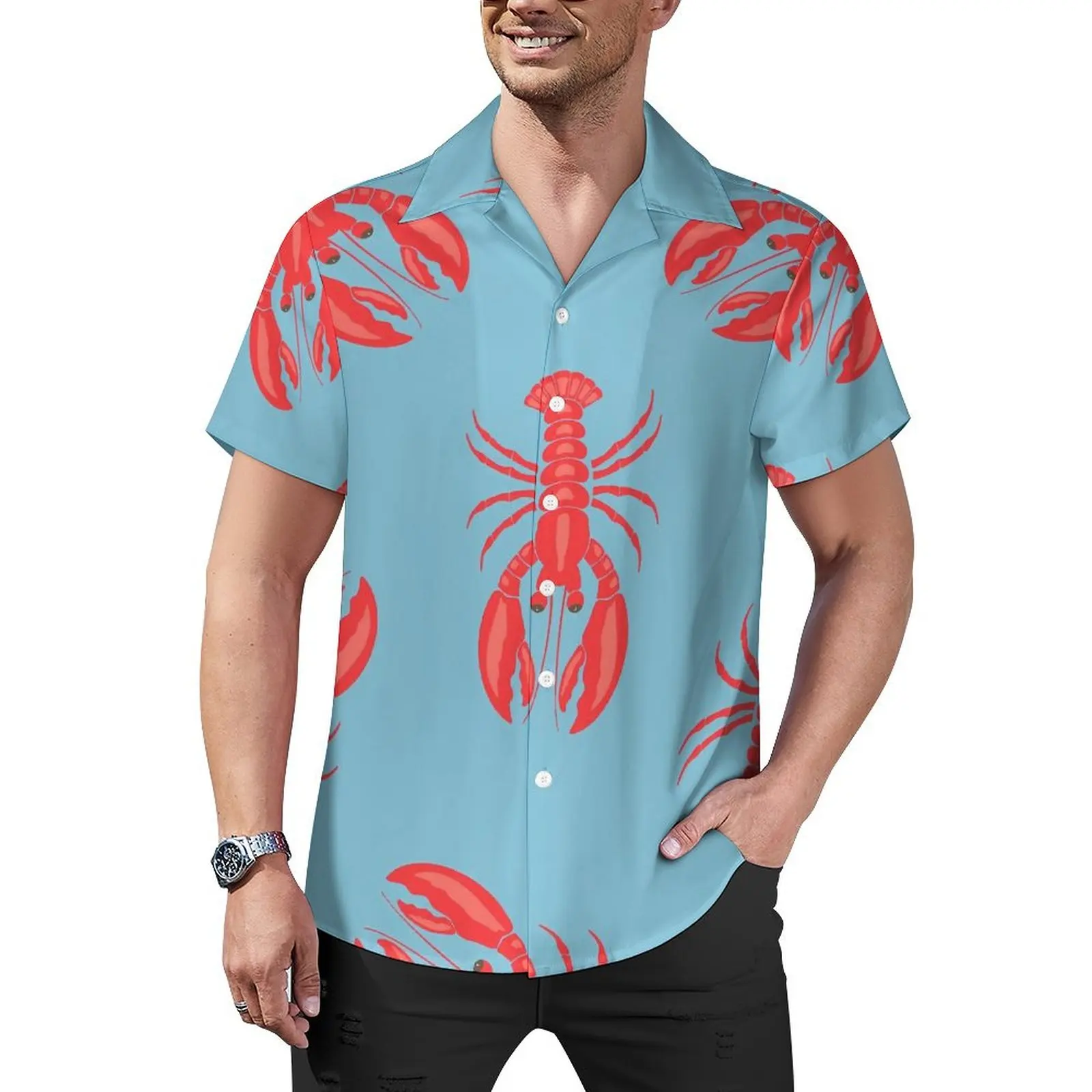 

Red Lobster Hawaii Shirt For Male Beach Seafood Print Casual Shirts Short Sleeve Comfortable Graphic Elegant Plus Size Blouses