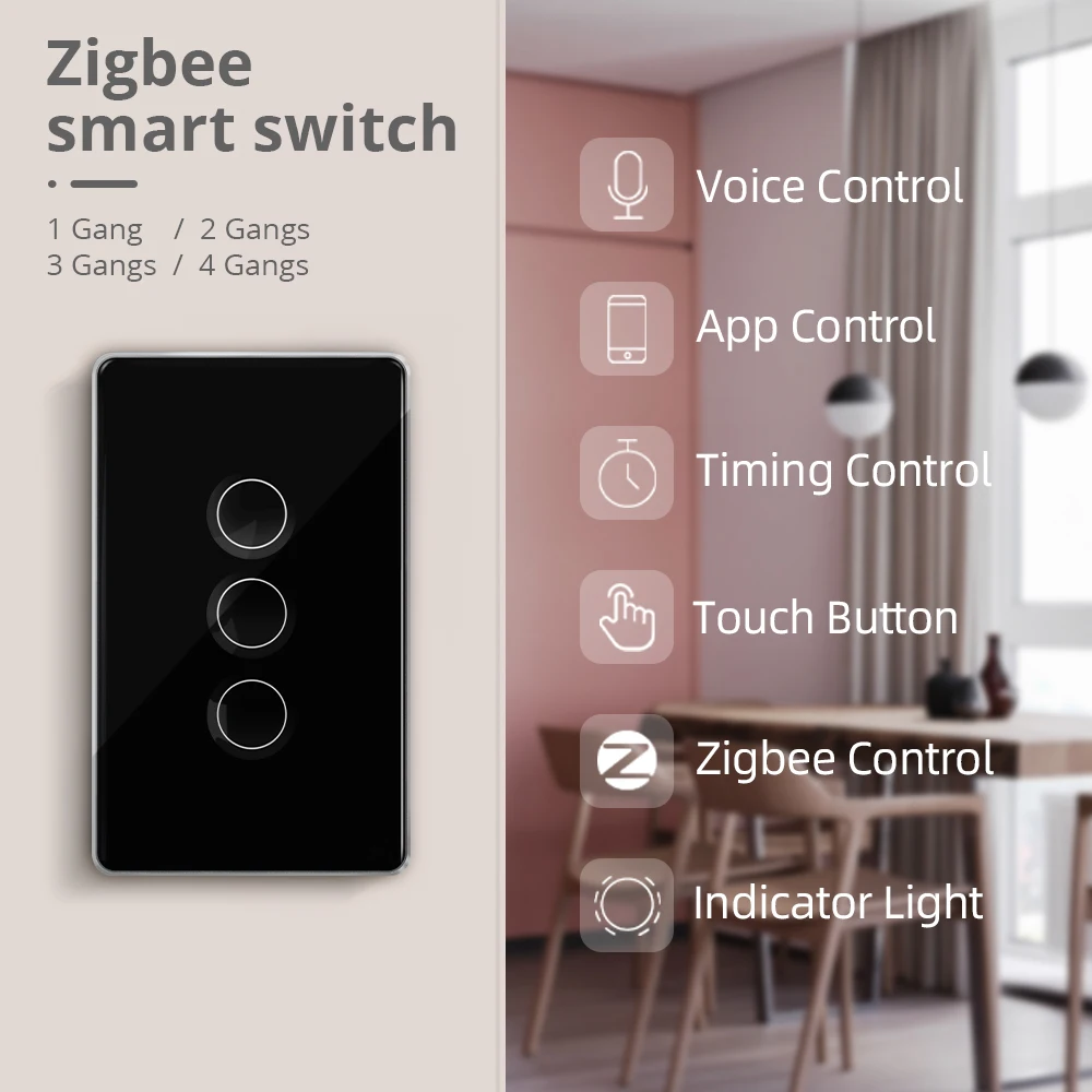 Zemismart Tuya Zigbee Wall Light Switch with Neutral 1 2 3 4 Gang Touch Switch with Tempered Glass Black Panel Alexa Google Home