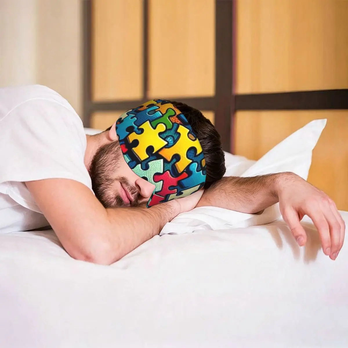 Masque de sommeil coloré avec imprimé puzzle pour la sensibilisation à l'autisme, cache-yeux portable pour filles et garçons, idéal pour les voyages et les fêtes