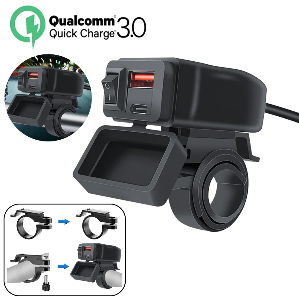 

Быстрое зарядное устройство с двумя USB-портами для мотоцикла, PD QC3.0, USB-зарядное устройство, адаптер питания, розетка с переключателем, вольтметр, водонепроницаемое зарядное устройство на руль