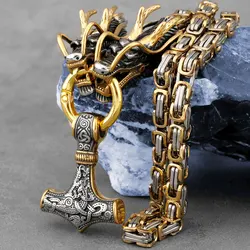 Stainless Steel Viking Dragon Head Necklace Men's Domineering Thick Chain Thor's Hammer Pendant Jewelry Biker Party Club Gift