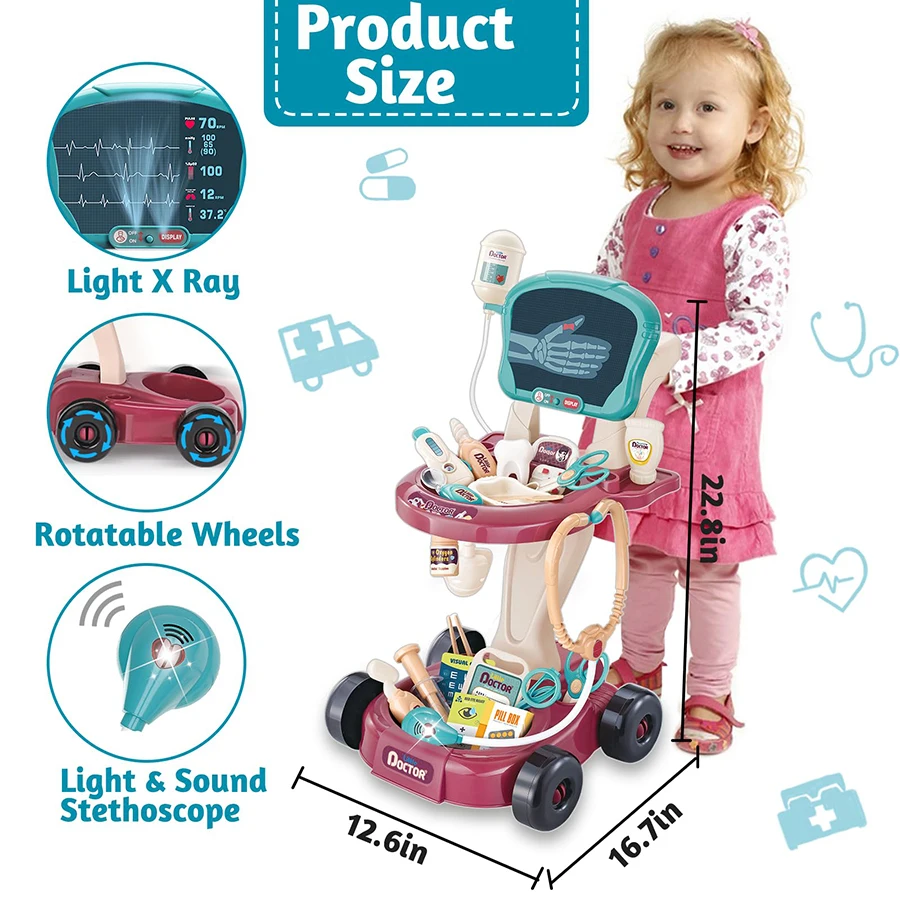 Kit de médecin pour enfants de 3 à 5 ans, jouet de simulation pour tout-petit, dentiste, vétérinaire, chariot mobile médical avec son et lumière, stéthoscope à rayons X, 29 pièces