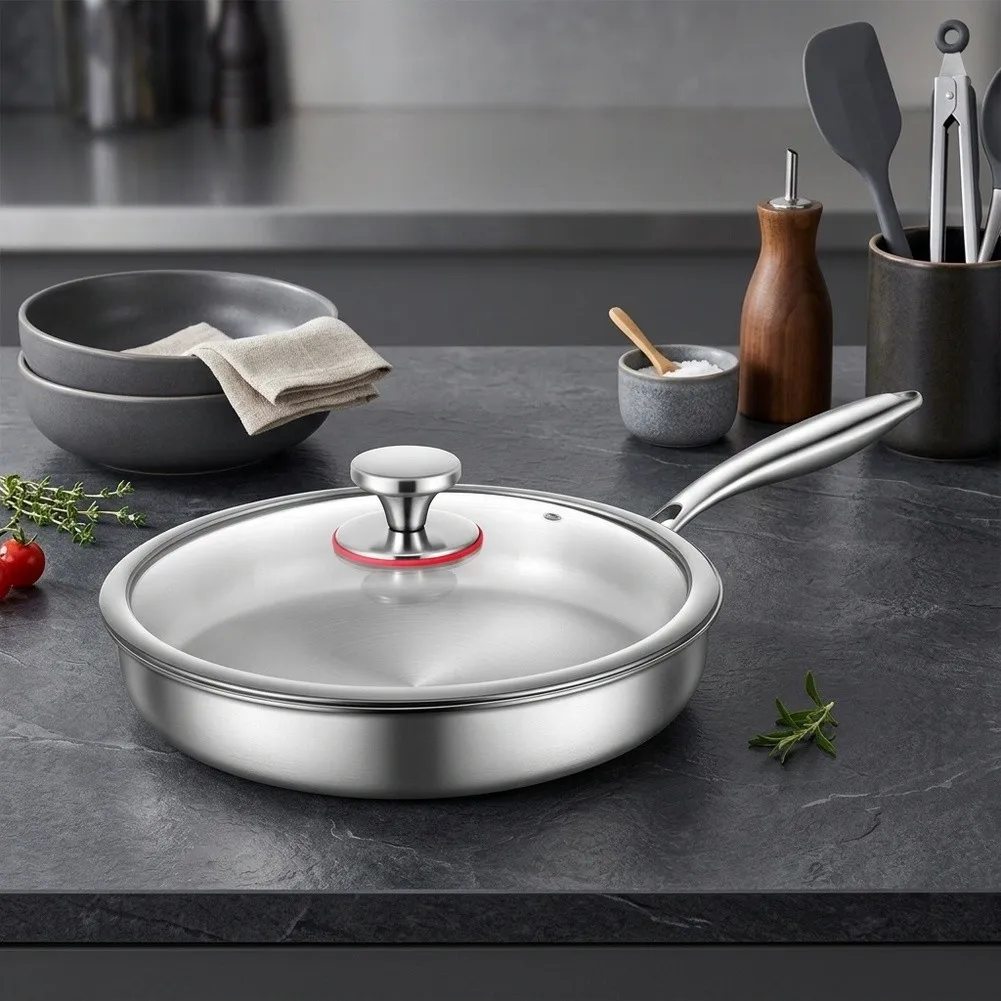 Stainless Steel 20cm Frying Pan with Lid Designed for Multi-Functional Use Including Frying Simmering and Braising