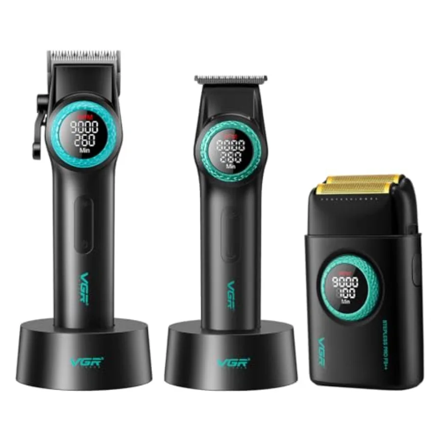 

Cordless Men's Hair Clippers with T-Blade and Double Foil Rechargeable 3-Piece Kit with LED Display Professional Electric Trimm