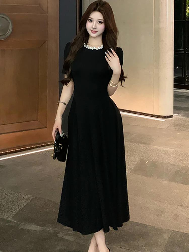2025 Zwarte Korte Mouw Kralen O-hals Lange Jurk Vrouwen Vintage Hepburn Luxe Avondjurk Zomer Elegante Bodycon Feestjurk
