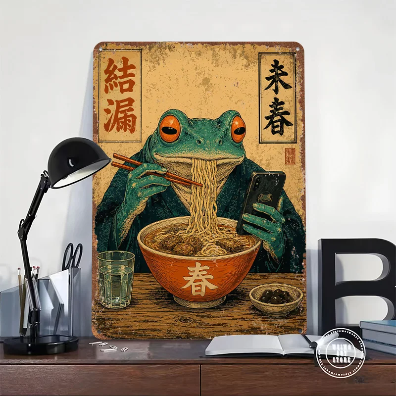 Samurai Frog Ramen Japanese Ukiyo-e Style Personalized 3D Textured Metal Poster Wall Art Tinplate Sign for Garage Accessories
