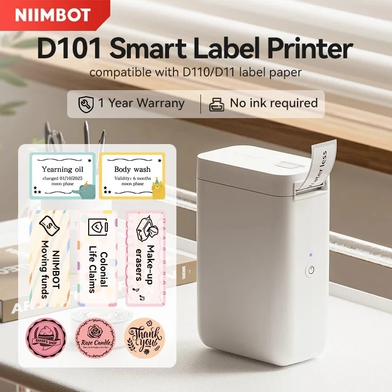 

Принтер Niimbot D101 с Bluetooth, бумага для этикеток 20-25 мм для офиса, домашнего и розничного использования