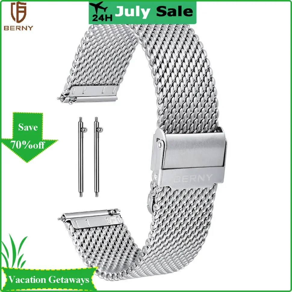 BERNY 18/20/22mm Watch strap Stainless Steel Mesh Strap Rough Woven Grain Watch replace Band Skin Breathable Watch Accessories