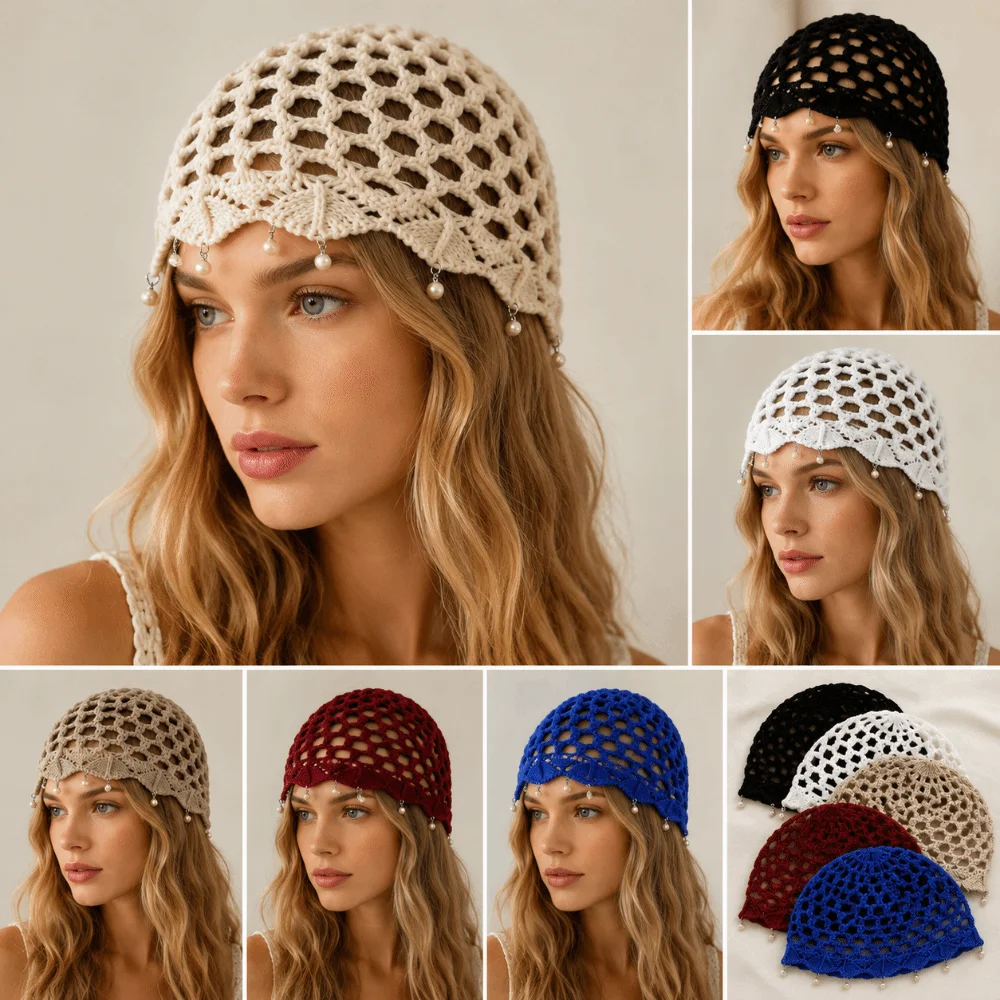 Hollow Out Crochet Knitted Hat Beads Tassels Adjustable Hollow Knit Cap Handmade Charm Pullover Style Ethnic Style Cap