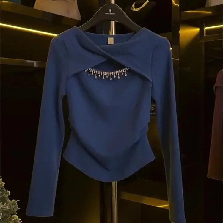 

Spring Autumn New Thicked Warm Tops Mujer Y2k Uched Hollow Out O-neck T-shirt for Women Long Sleeved Slim Fit Tee Shirt