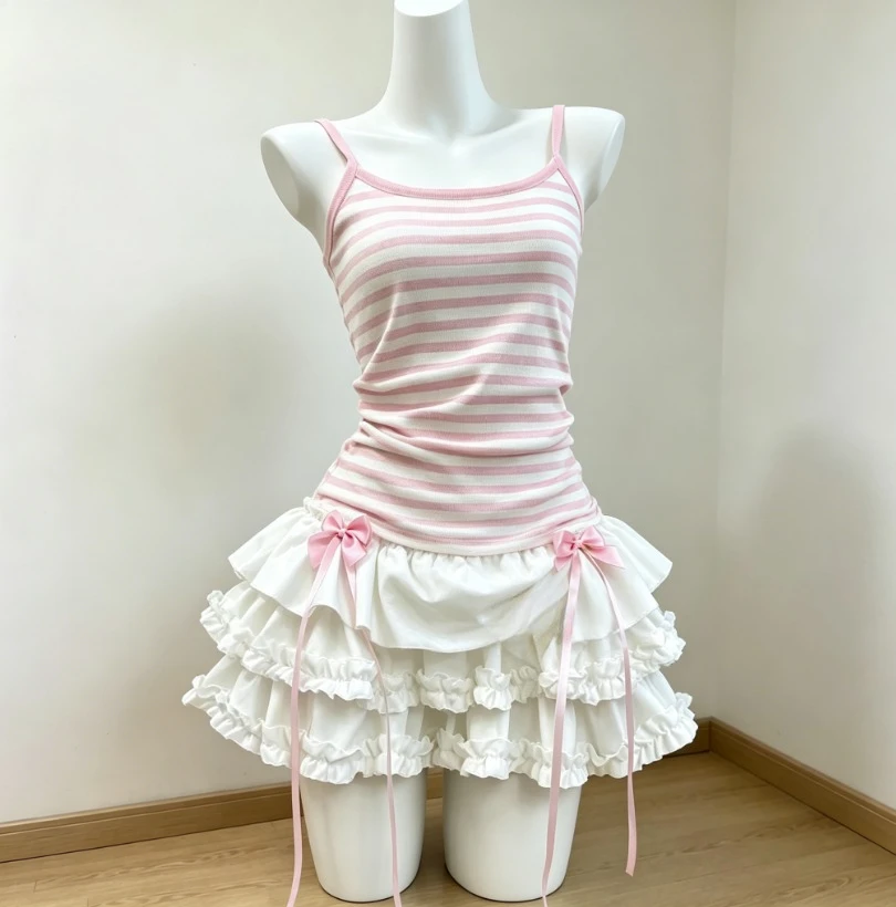 

Lovely Kawaii Skirt Outfit Women Lace Spliced Crop Vest Fluffy Cake Skirt Harajuku Punk Spicy Girl Streetwear