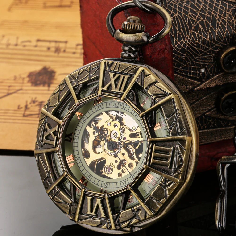 Automatische mechanische Taschenuhren römische Ziffer Zifferblatt aushöhlen Abdeckung Retro Anhänger Uhren Taschenuhr Geschenk für Männer Frauen