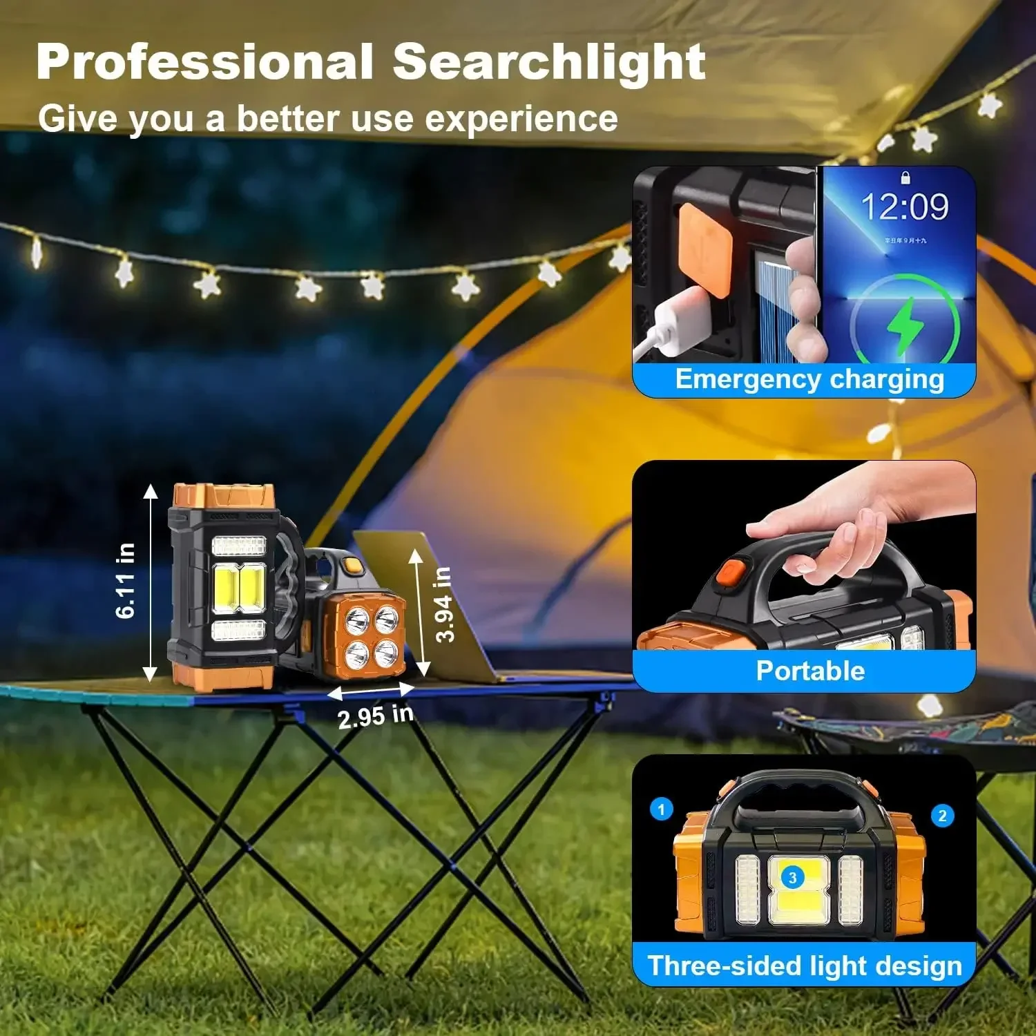 Solar LED Flashlight COB Camping Lantern USB Charging Powerful Torch Light Waterproof Portable Searchlight Power Bank Outdoor