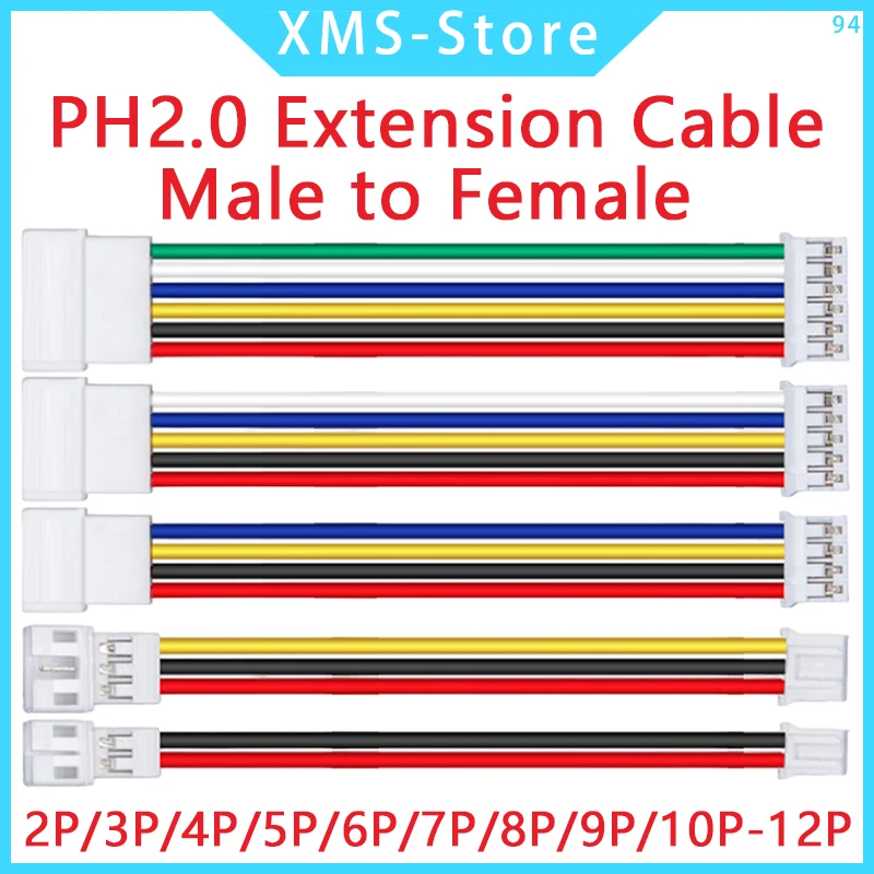 

10PCS PH2.0 Extension Line 2P/3P/4P/5P/6P/7P/8P/9P/10P/12P PH2.0mm Pitch Male To Female Connector With 10/20/30cm Cable 26AWG