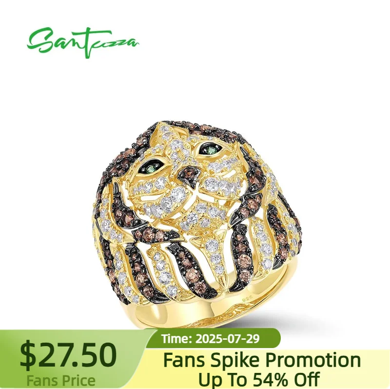 

SANTUZZA Pure 925 Sterling Silver Lion Ring For Women White CZ Nano Brown/ Green Spinel Gold Color Unisex Luxury Fine Jewelry