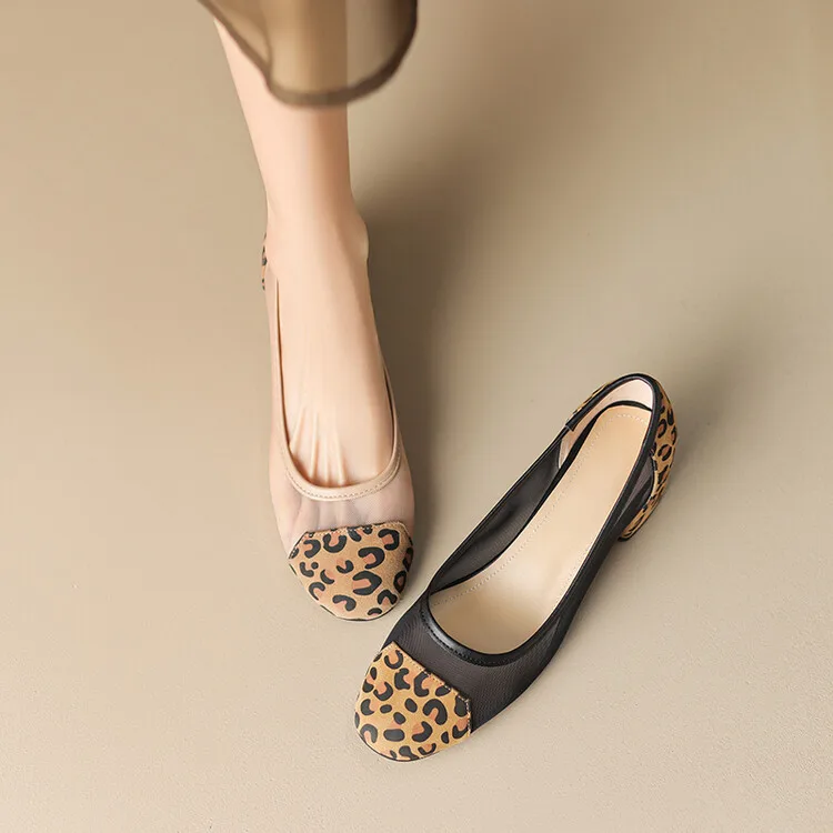 2023 New Fashion Women's Shoes Thick Heel Round Toe Single Shoe Leopard Pattern Mesh Contrast Color Light Cut Mid Heel Shoes