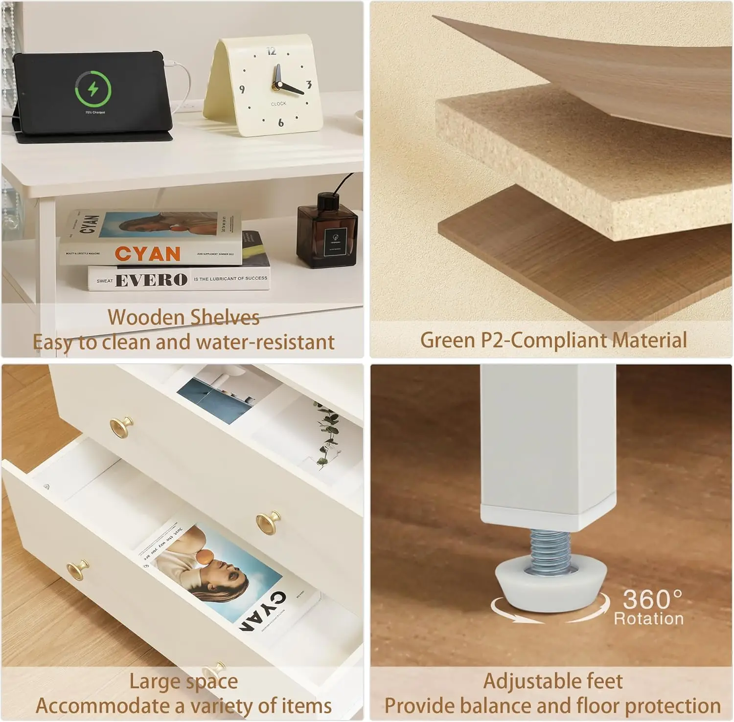 27 Inch Wide Nightstand With Charging Station, Bedside Table With Open Shelf, 2 Drawers Small Wood Dresser, End Side Table For