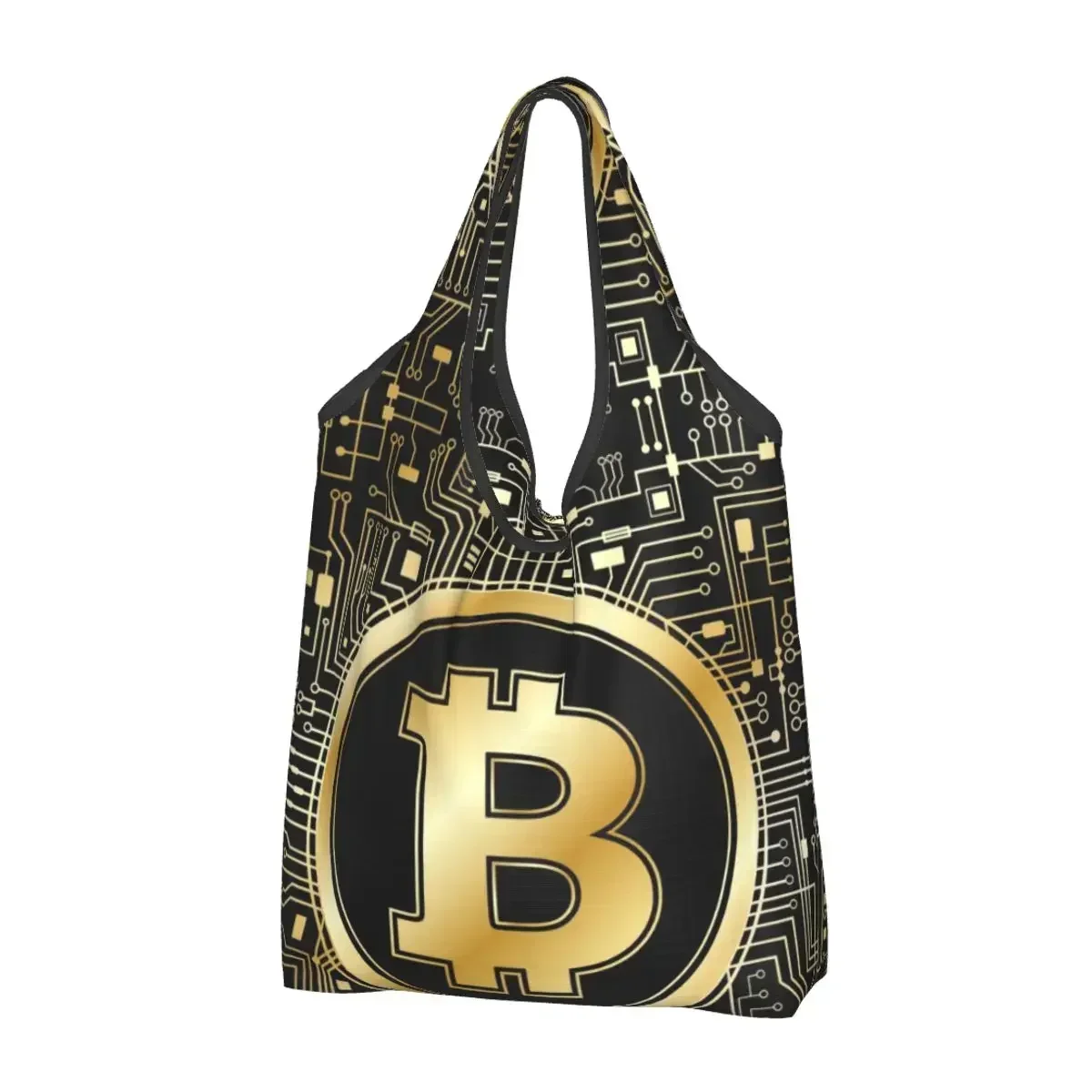 

Fashion Golden Bitcoin Majestic Motherboard Shopping Tote Bag Portable Crypto Hack BTC Special Grocery Shopper Shoulder