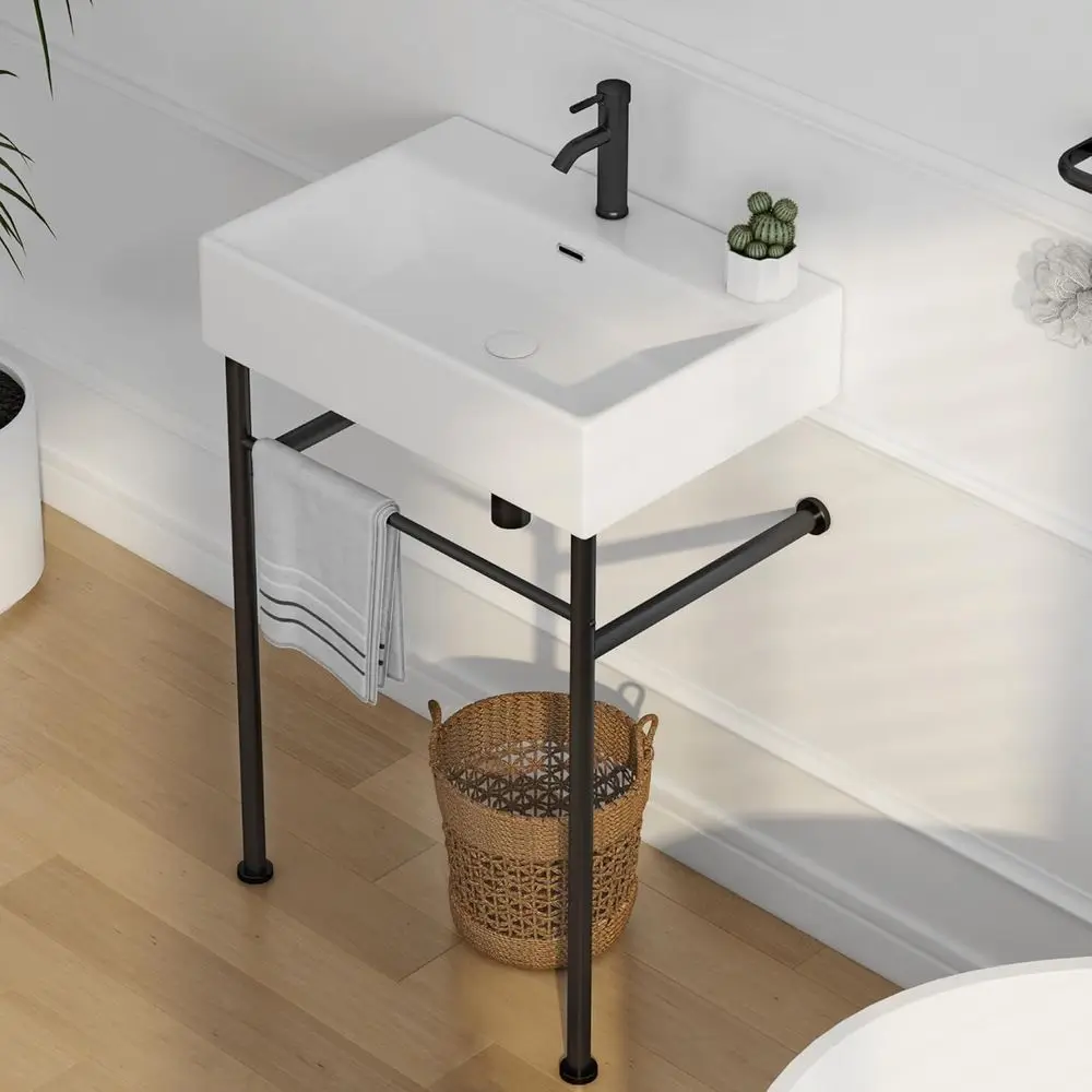 

Раковина для ванной 24x16 дюймов, отдельностоящая, 30-дюймовая, с опорными ножками из нержавеющей стали, настенная белая керамическая раковина-умывальник, прямоугольная