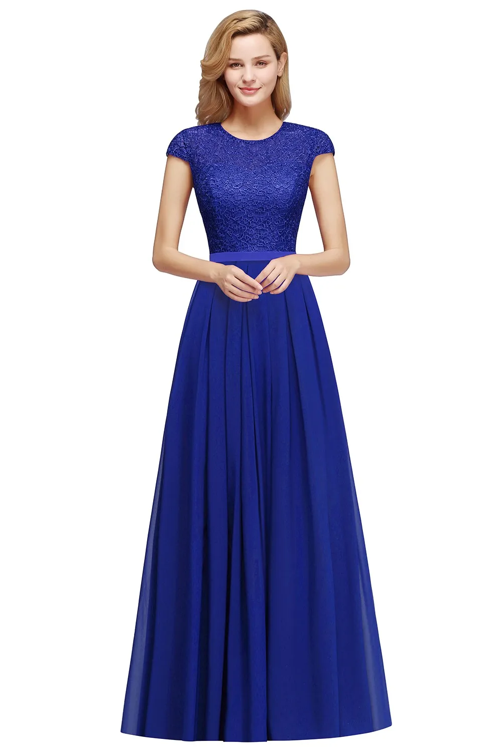 Chiffon Candy Pink Lace Evening Dresses Women Navy Blue Elegant Short Sleeves Formal Wedding Prom Party Gowns Robe De Soirée