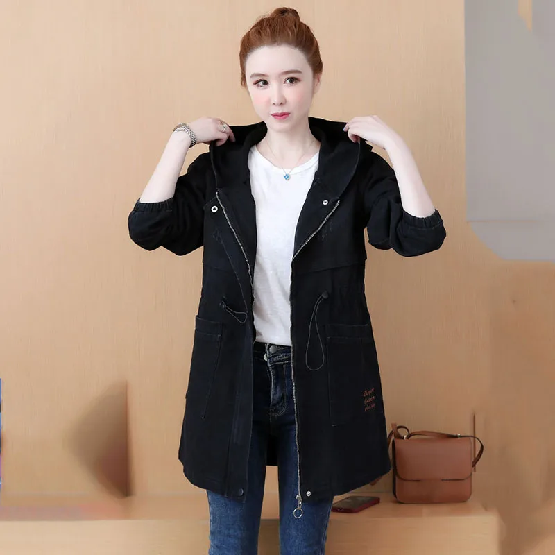 2023 Spring Autumn New Hooded Denim Jacket Women\'s Outerwear Loose Vintage Cowboy Windbreaker Coat Female Mid Long Jeans Outcoat